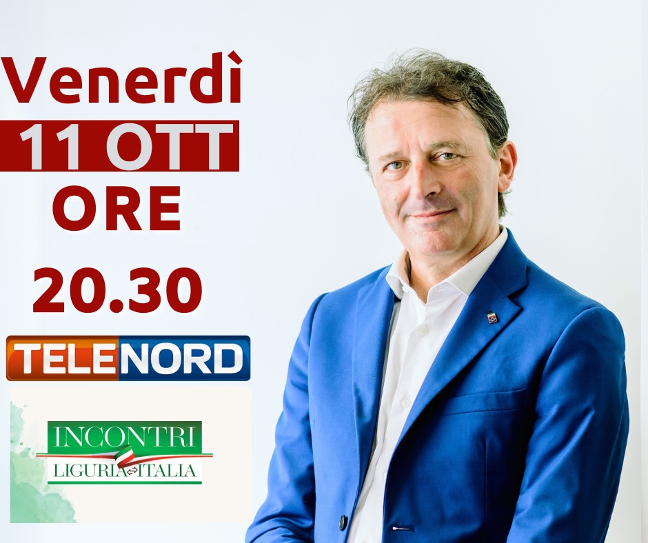 Venerdì 11 ottobre, a partire dalle 20.30, sarò ospite negli studi di Telenord nel corso della trasmissione Incontri, Liguria - Italia.