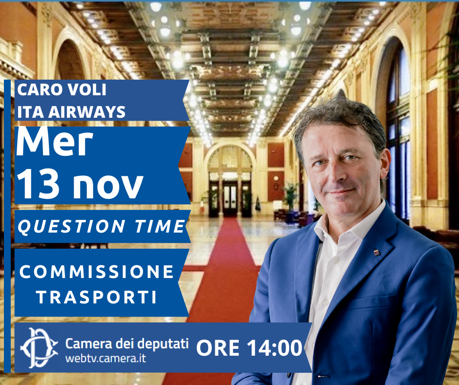 Come annunciato la scorsa settimana, mercoledì 13 novembre, nel corso del question time in Commissione Trasporti, presenterò l'interrogazione in merito al caro tariffe esercitato dalla compagnia aerea di bandiera, Ita Airways. Il question time potrà essere seguito in diretta web dalle ore 14 a questo link