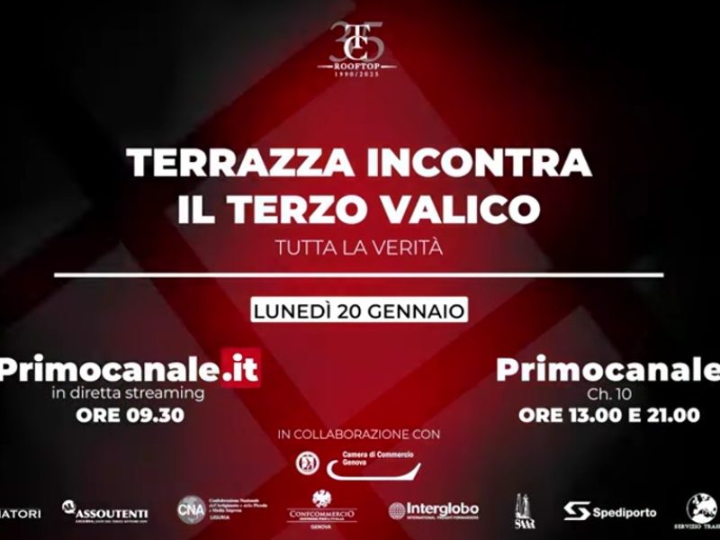 Lunedì 20 gennaio, in diretta dalle 9:30, sarò ospite di Primocanale nella trasmissione "Terrazza incontra Terzo Valico". Sarà l'occasione per fare il punto sullo stato dell'arte riguardo a questa importante opera per Genova e la Liguria, conoscerne le problematiche ed avere un quadro più preciso sulle tempistiche.