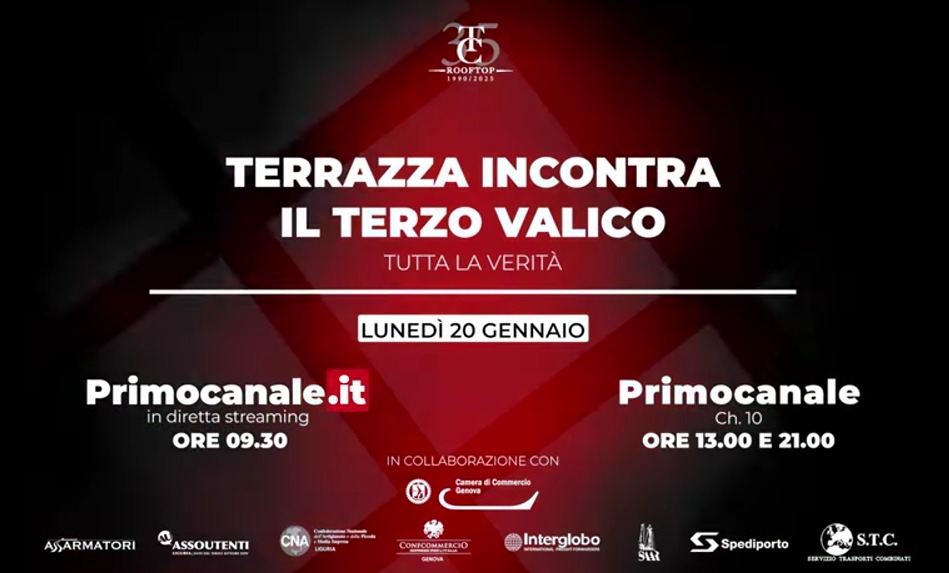 Lunedì 20 gennaio, in diretta dalle 9:30, sarò ospite di Primocanale nella trasmissione "Terrazza incontra Terzo Valico". Sarà l'occasione per fare il punto sullo stato dell'arte riguardo a questa importante opera per Genova e la Liguria, conoscerne le problematiche ed avere un quadro più preciso sulle tempistiche.